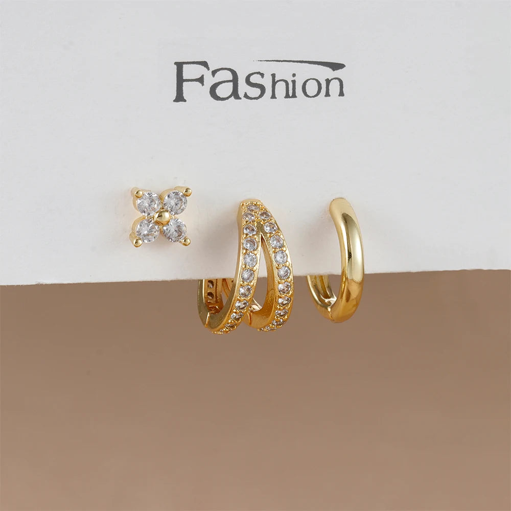 3PCS Trendy Double-layer Circle Cubic Zircon Star Hanging Earrings Set For Women Korean Fashion Jewelry pendientes mujer