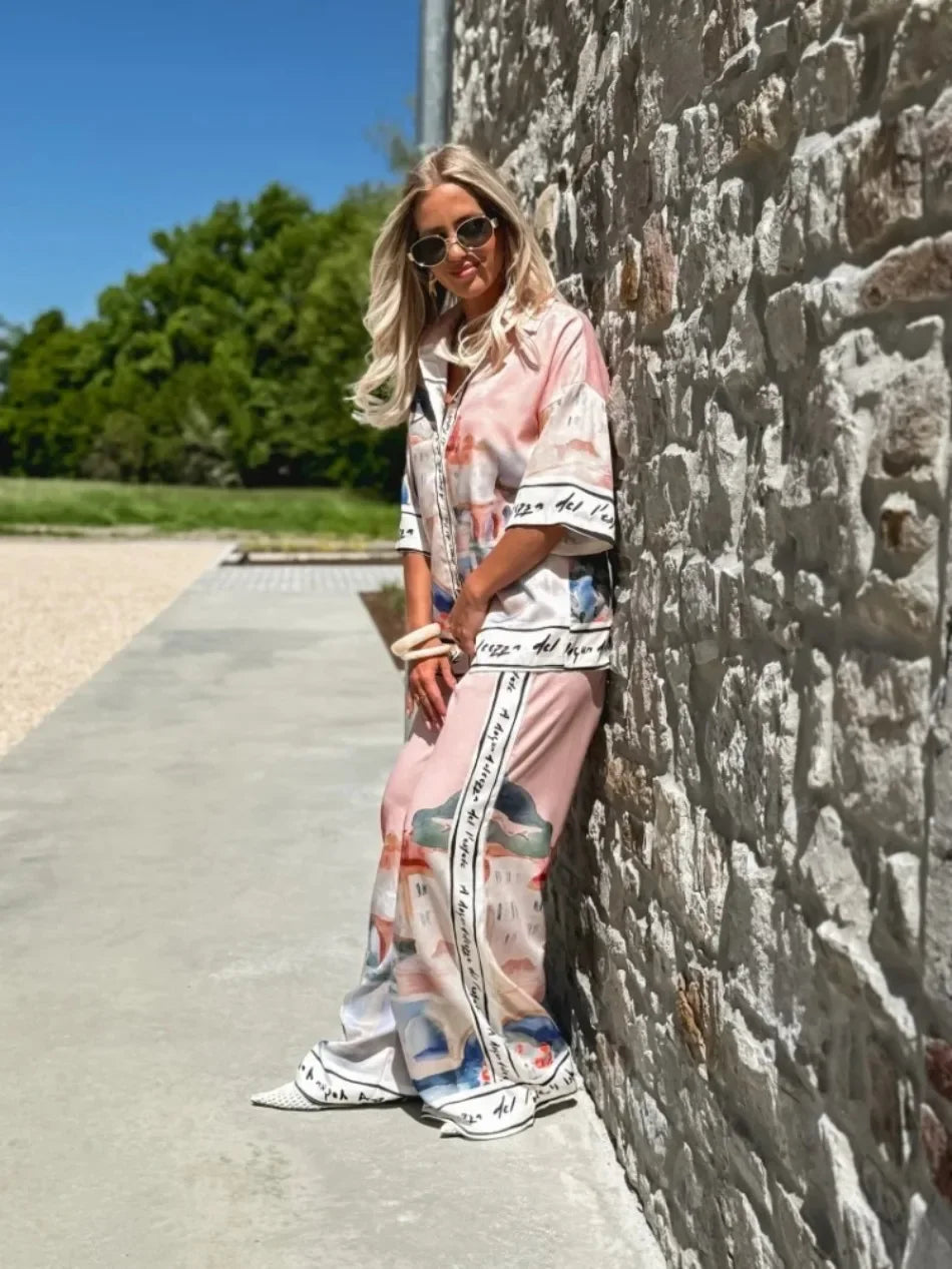2 Pieces Set for Woman Summer New Elegant Printed Half Sleeves Shirt Tops Suits Fashionable Casual Loose Wide Leg Pants Sets