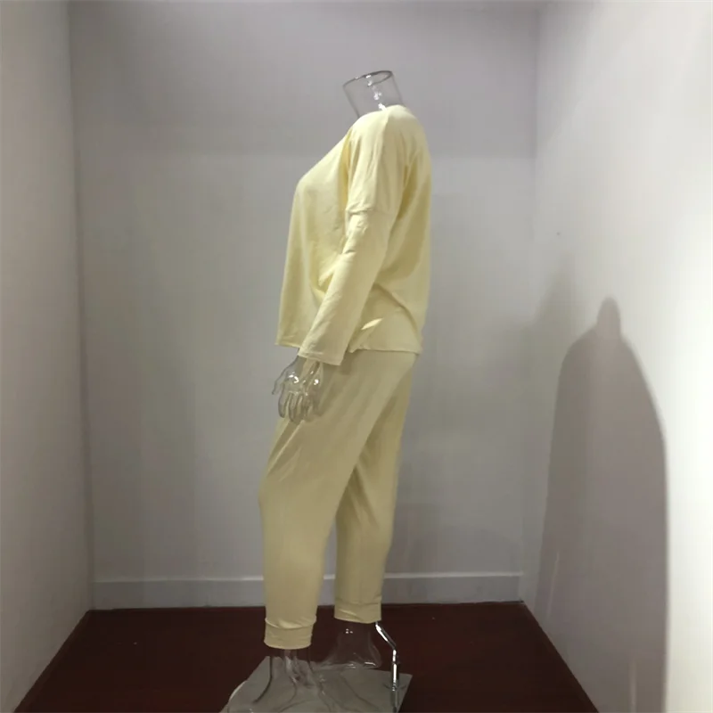 Hot Women's Long Sleeve Round Neck Top and Pants Set Simple Solid Colour Pajama Set Casual O Neck Two Piece Outfit