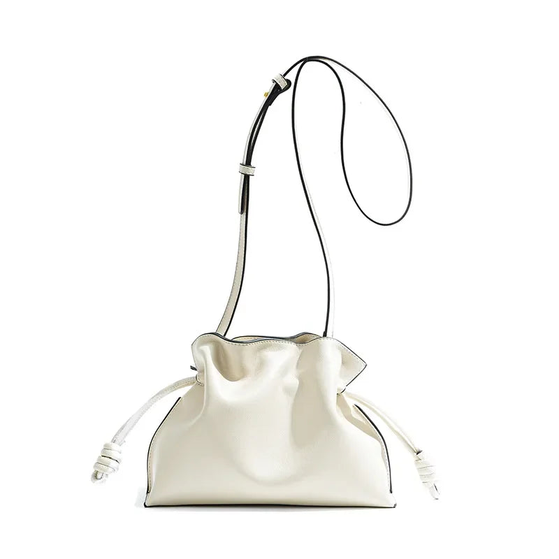 Classic Flamenco Lucky Bag, Genuine Leather Cloud Bag with Drawstring, Shoulder Bucket Bag for Women, Autumn and Winter