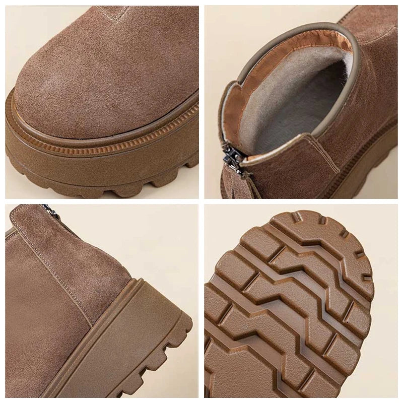 Fujin 7cm Suede Cow Genuine Leather Snow Boots Women Ankle Booties Platform Wedge Winter Plush Chelsea Boots Shoes for Women