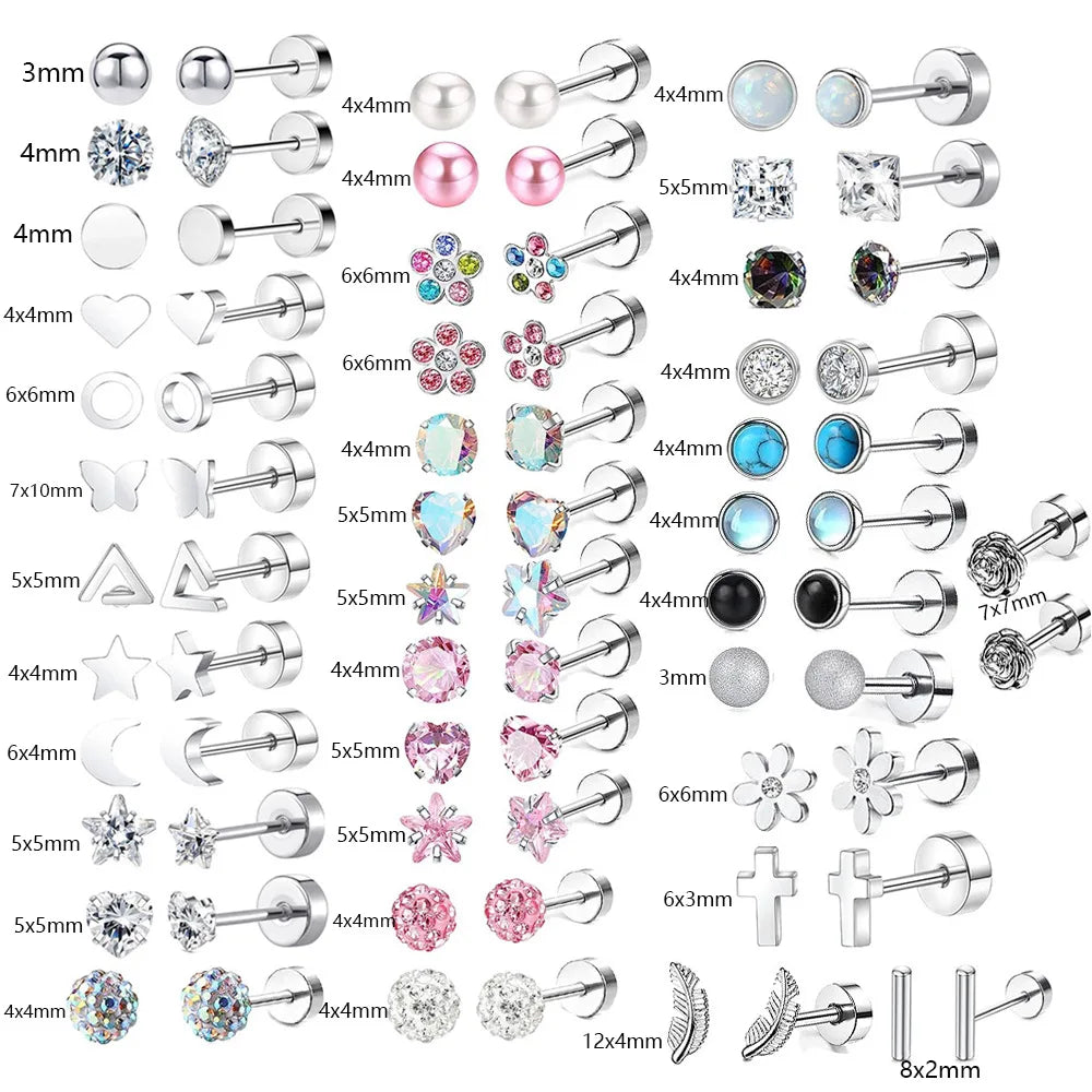 2PCS/Set Stainless Steel Heart Moon Earbone Stud Screw Ball Stud Earrings for Women Fashion Ear Tragus Cartilage Body Piercing