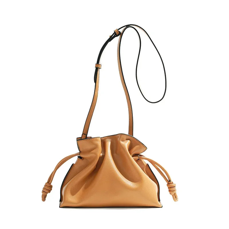 Classic Flamenco Lucky Bag, Genuine Leather Cloud Bag with Drawstring, Shoulder Bucket Bag for Women, Autumn and Winter