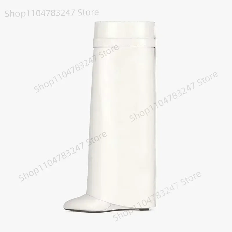 2025 Autumn Winter Lock Boots Women Designer Knee Boots Women Brand High Heel Knight Boots Fold Fashion Gothic Wedge Long Boot