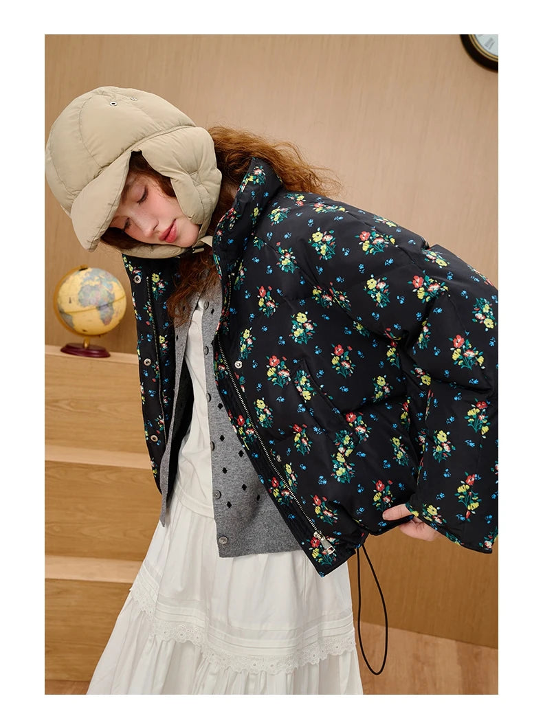 2025 Brand New Women's Short Puffer Jacket for Petite Printed Quilted Coat Loose Fit Casual Winter Bomber Stand Collar Outerwear