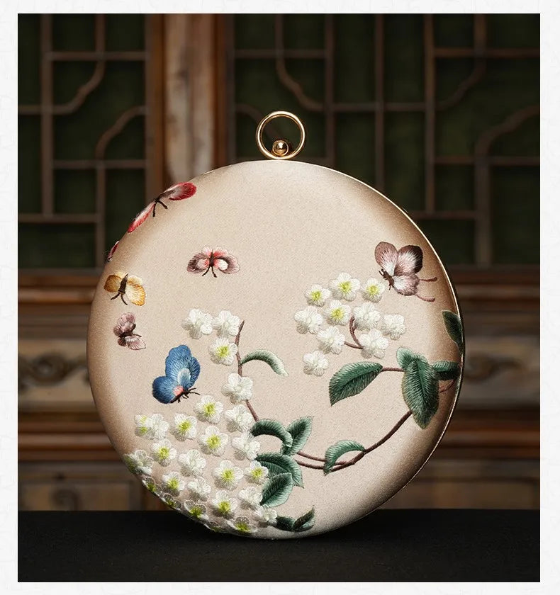 Cape-Bay Small Women's Bag, Silky Polyester Embroidered Bag, Embroidered Women's Bag, Retro Accessory Bag for Cheongsam, Chinese Ethnic Style Women's Ancient Style Small Bag, Noble Lady's Chain Bag, Gold Metal Frame Hard Shel