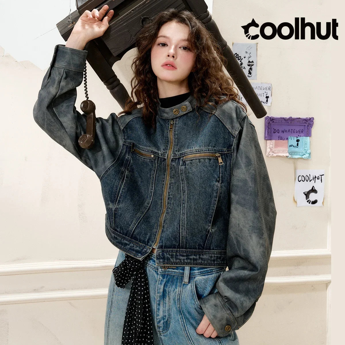 COOLHUT New Arrival Women's 2025 American Style Denim Jacket Stand Collar Color Block PU Trim Slim Fit Casual Fall Outerwear
