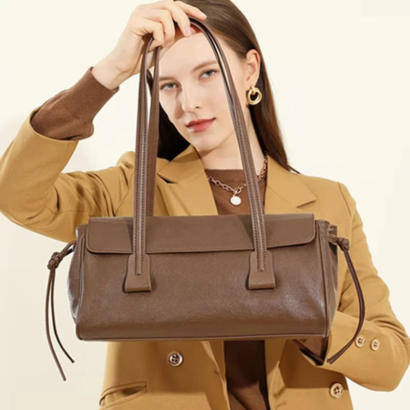 2025 New Genuine Leather Women's Shoulder Bag Large Capacity Cowhide Luxury Handbag Long Strip Black Baguette Bag Female