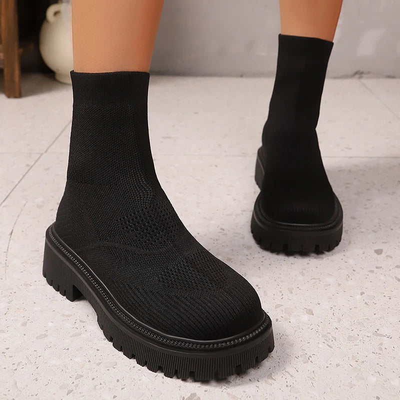 Bright Green Knitted Ankle Boots for Women 2025 Autumn Winter Non Slip Platform Booties Woman Casual Short Botas Shoes Mujer 42