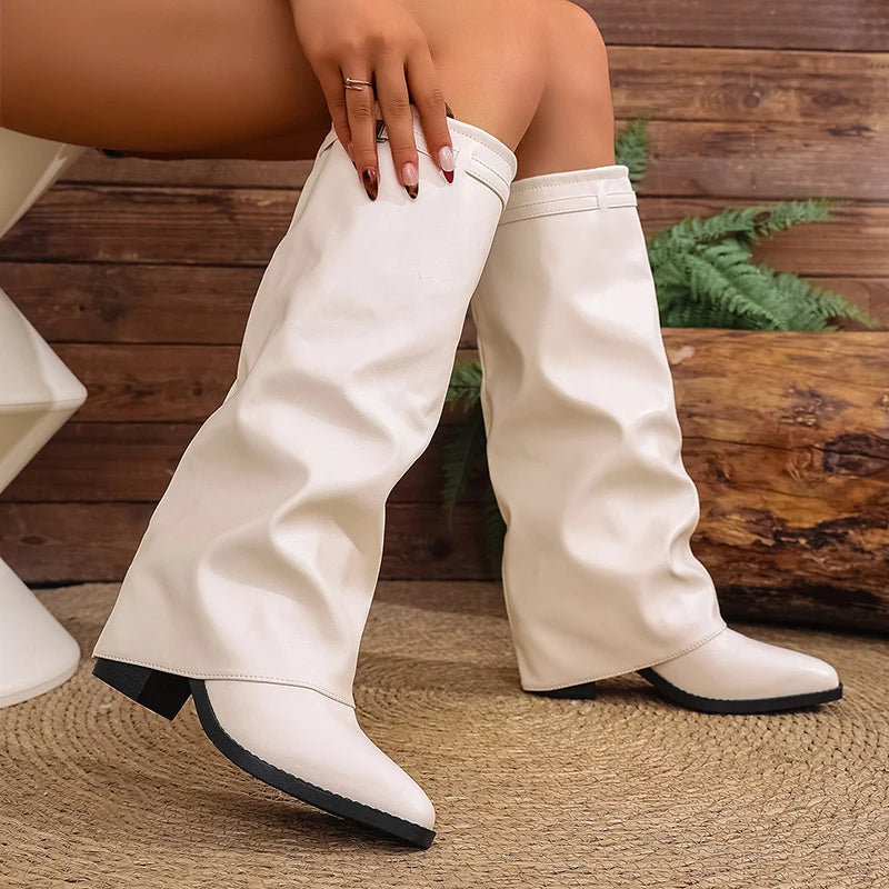 Fashion Fold Over Knee High Boots for Women Slip On Chunky High Heel Shark Boots Woman Wide Leg PU Leather Long Botas Mujer 2025