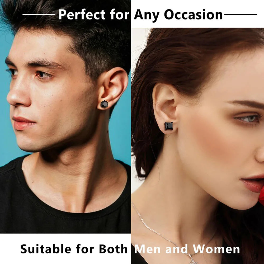 1-2 Pairs Hypoallergenic 316L Stainless Steel Square Round CZ Stud Earrings Sensitive Ear Studs Jewelry Set for Men Women 3-8MM