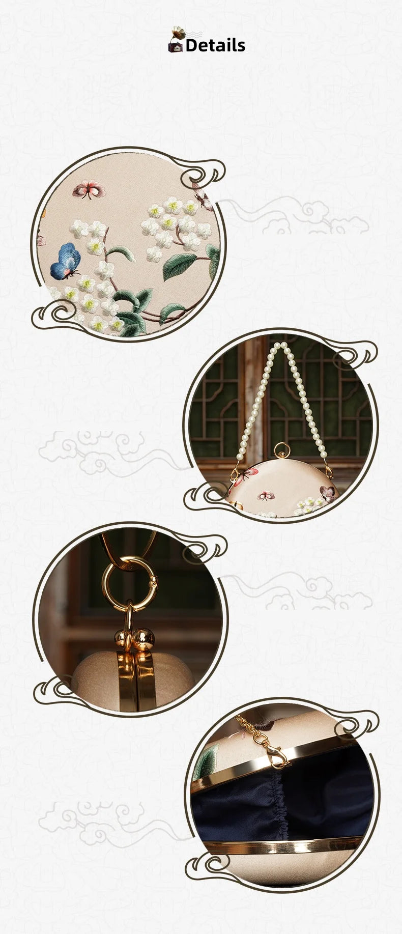 Cape-Bay Small Women's Bag, Silky Polyester Embroidered Bag, Embroidered Women's Bag, Retro Accessory Bag for Cheongsam, Chinese Ethnic Style Women's Ancient Style Small Bag, Noble Lady's Chain Bag, Gold Metal Frame Hard Shel