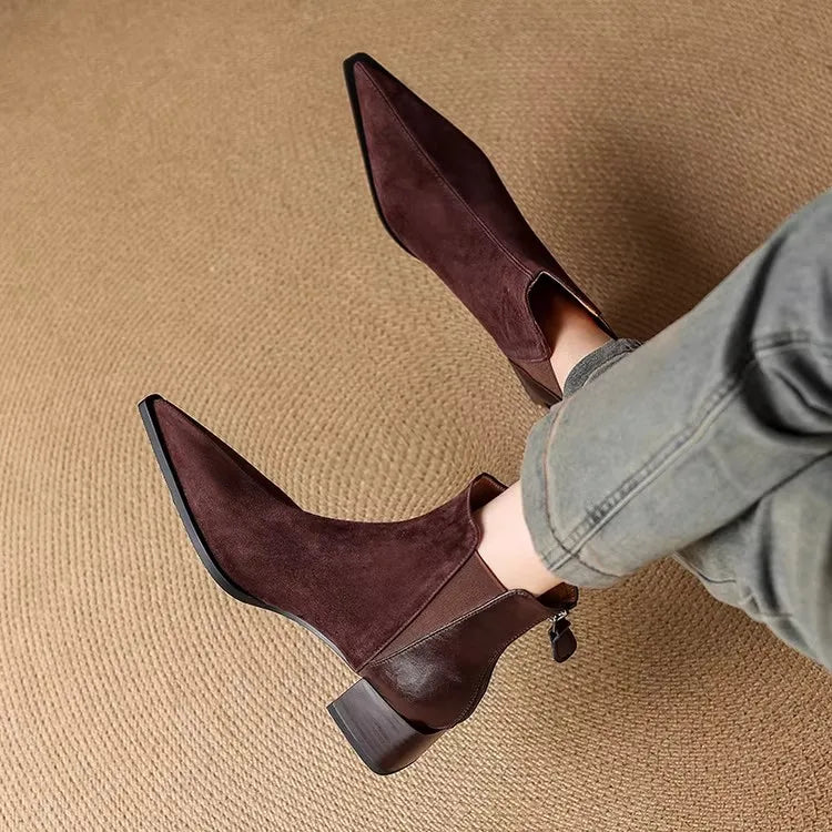 Autumn Winter Women Thick Heel Ankle Boots Elegant Back Zippers Shoes Modern Leather Suede Splicing Short Botas Para Mujer