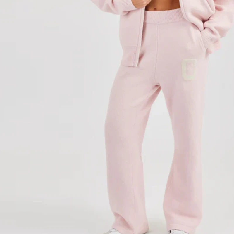 Knitted Women's Pant Sets Hooded Long Sleeve Dropped Shoulder Zipper Female Jacket Solid Elastic Waist Straight Pants For Ladies