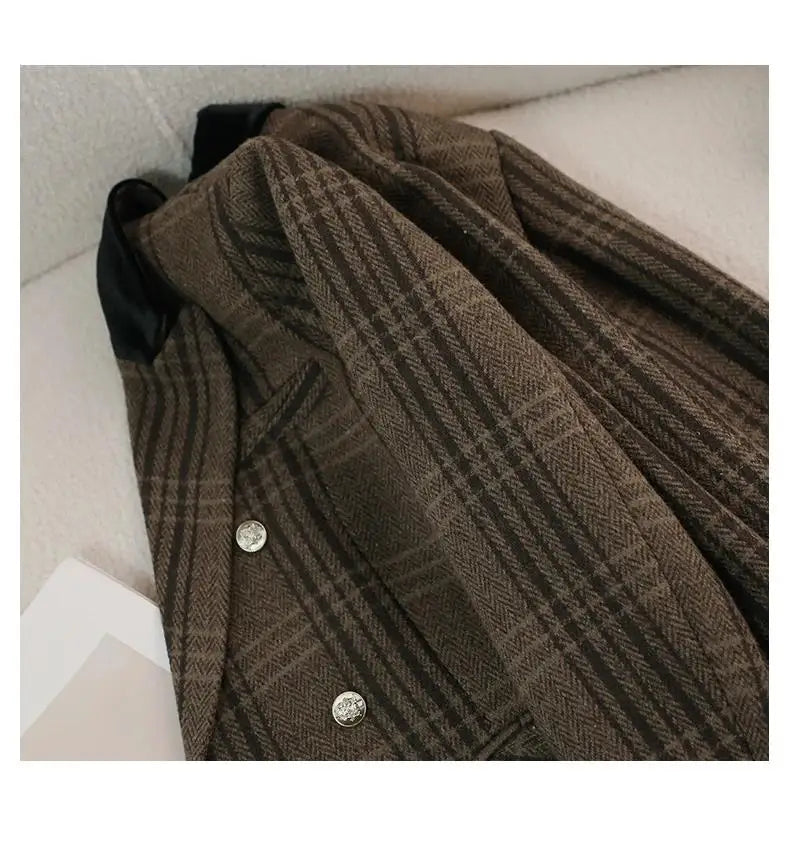 Autumn Winter New Blazer Coats Women's Woolen Jackets Long Sleeve Plaid Print Vintage Thick Outerwears Elegant Jaqueta Feminina