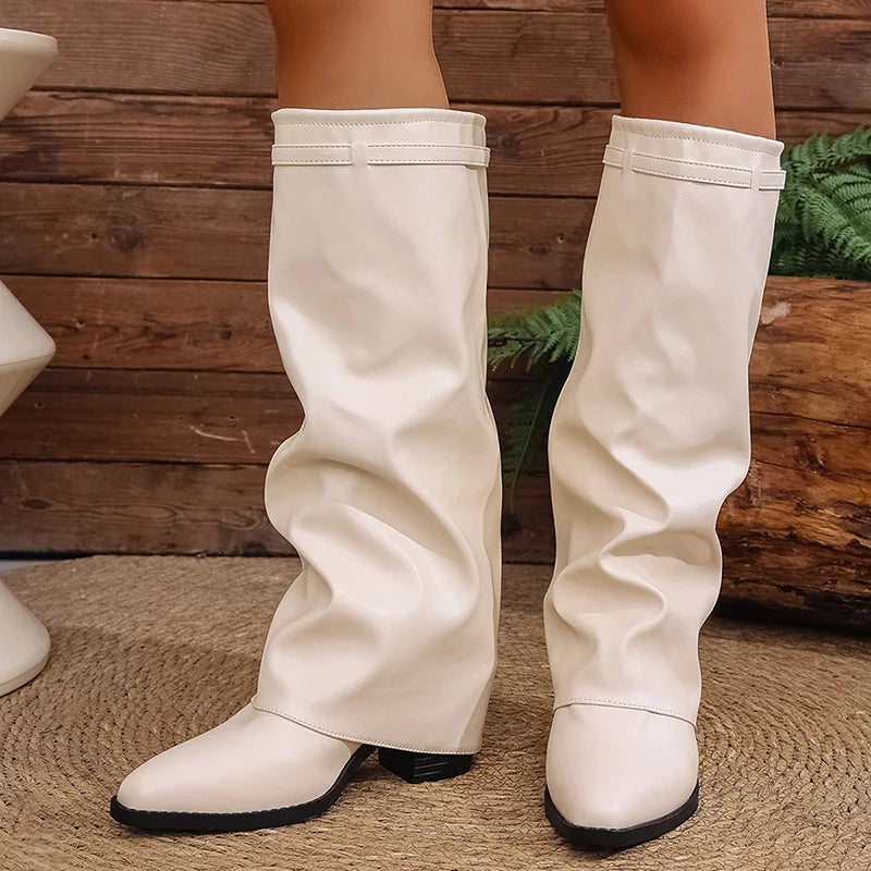 Fashion Fold Over Knee High Boots for Women Slip On Chunky High Heel Shark Boots Woman Wide Leg PU Leather Long Botas Mujer 2025