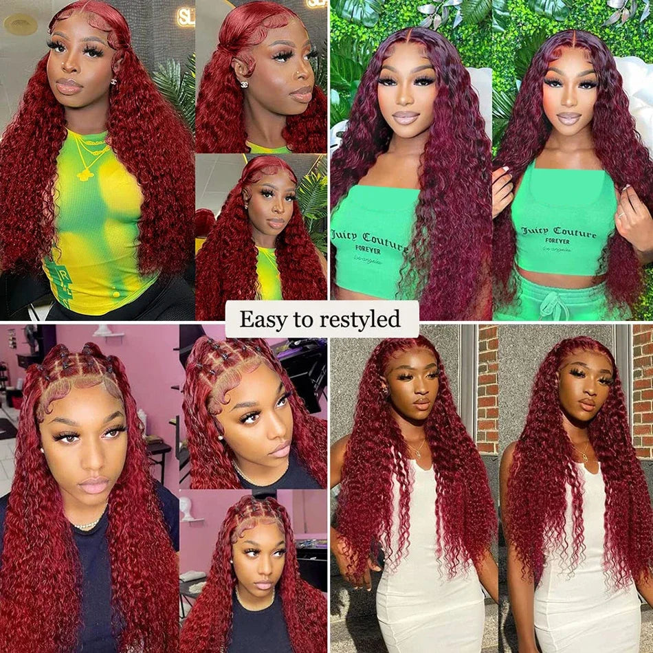 13X6 Hd Lace Frontal Human Hair Colored Wig Red Curly Wigs 99J Burgundy Deep Wave Frontal Wig 13X4 Red Lace Front Human Hair