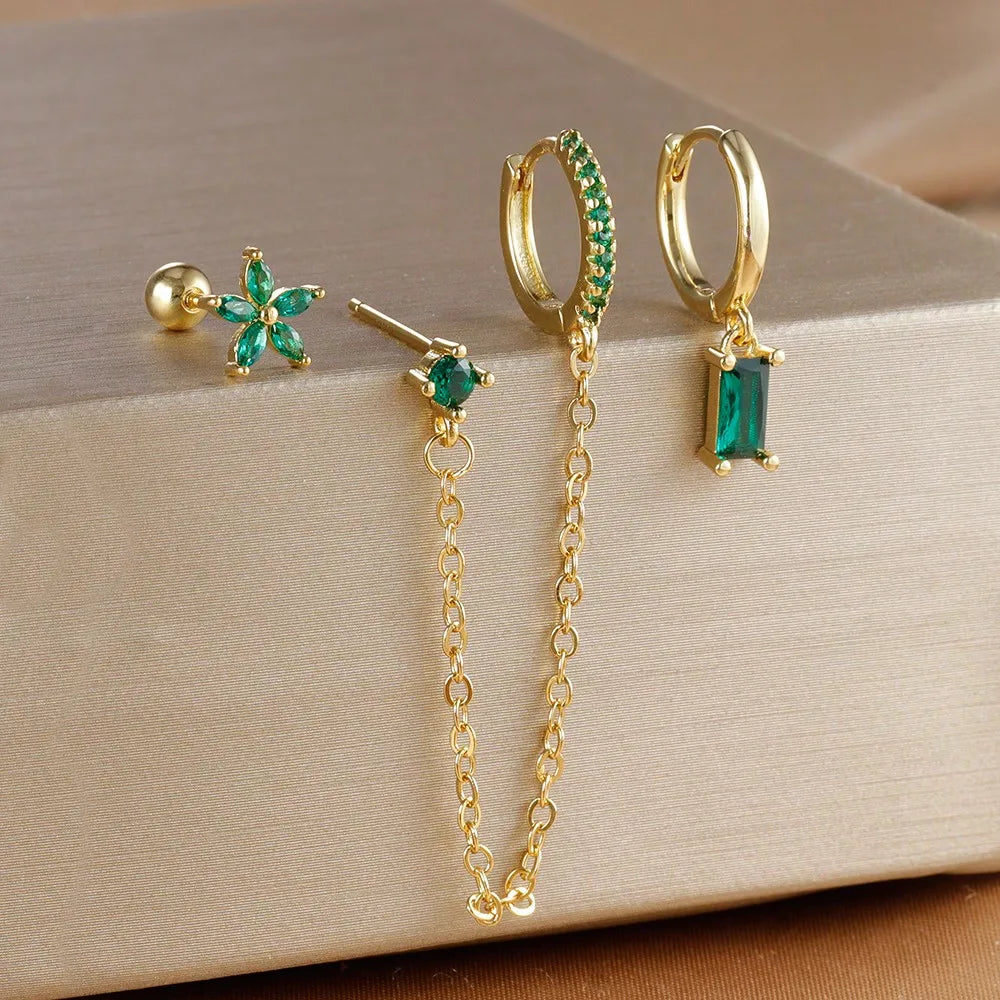 3PCS Set Stainless Steel Crystal CZ Butterfly Ear Stud Earring Gold Plated Pendant Water Drop Cartilage Earring Piercing Jewelry