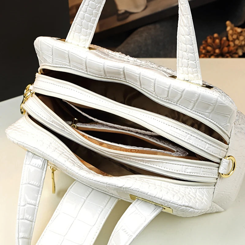 Cowhide leather Women handbag Lace crocodile pattern mother bag shoulder messenger three-layer middle-aged Portable Boston Bags