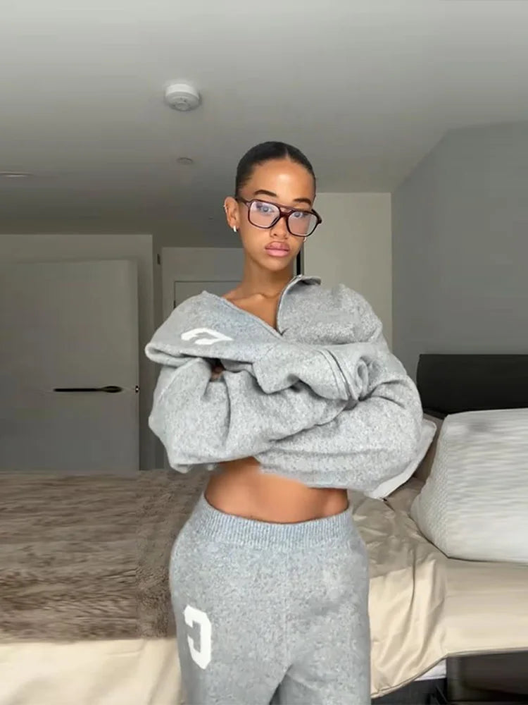 Knitted Women's Pant Sets Hooded Long Sleeve Dropped Shoulder Zipper Female Jacket Solid Elastic Waist Straight Pants For Ladies