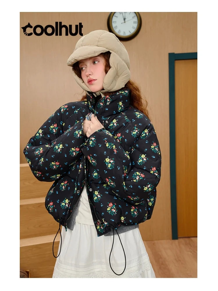 2025 Brand New Women's Short Puffer Jacket for Petite Printed Quilted Coat Loose Fit Casual Winter Bomber Stand Collar Outerwear