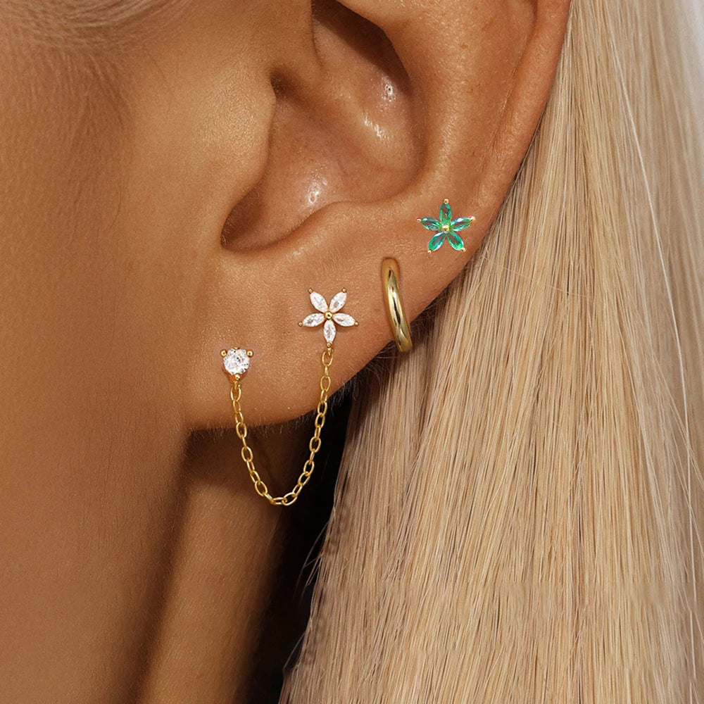 3PCS Stainless Steel Zircon Flower Star Ear Stud Earrings Set 14K Gold Plated Chain Cartilage Piercing Earring Women's Jewelry