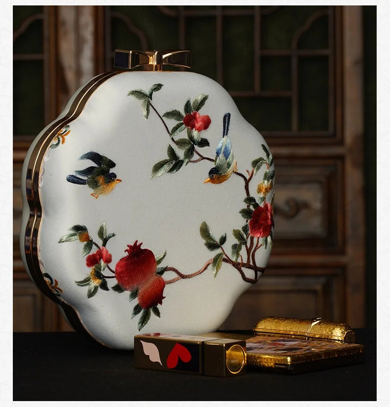 Cape-Bay Retro Versatile Women's Small Round Bag Mini Bag Chain Bag Bead Bag New Middle-Aged Mother Bag Ethnic Style Flower and Bird Embroider Shoulder Bag Crossbody Bag Wedding Banquet Wedding Bag with Cheongsam Bag Hard She