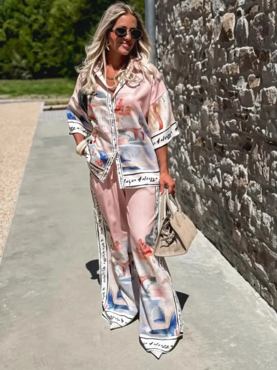2 Pieces Set for Woman Summer New Elegant Printed Half Sleeves Shirt Tops Suits Fashionable Casual Loose Wide Leg Pants Sets