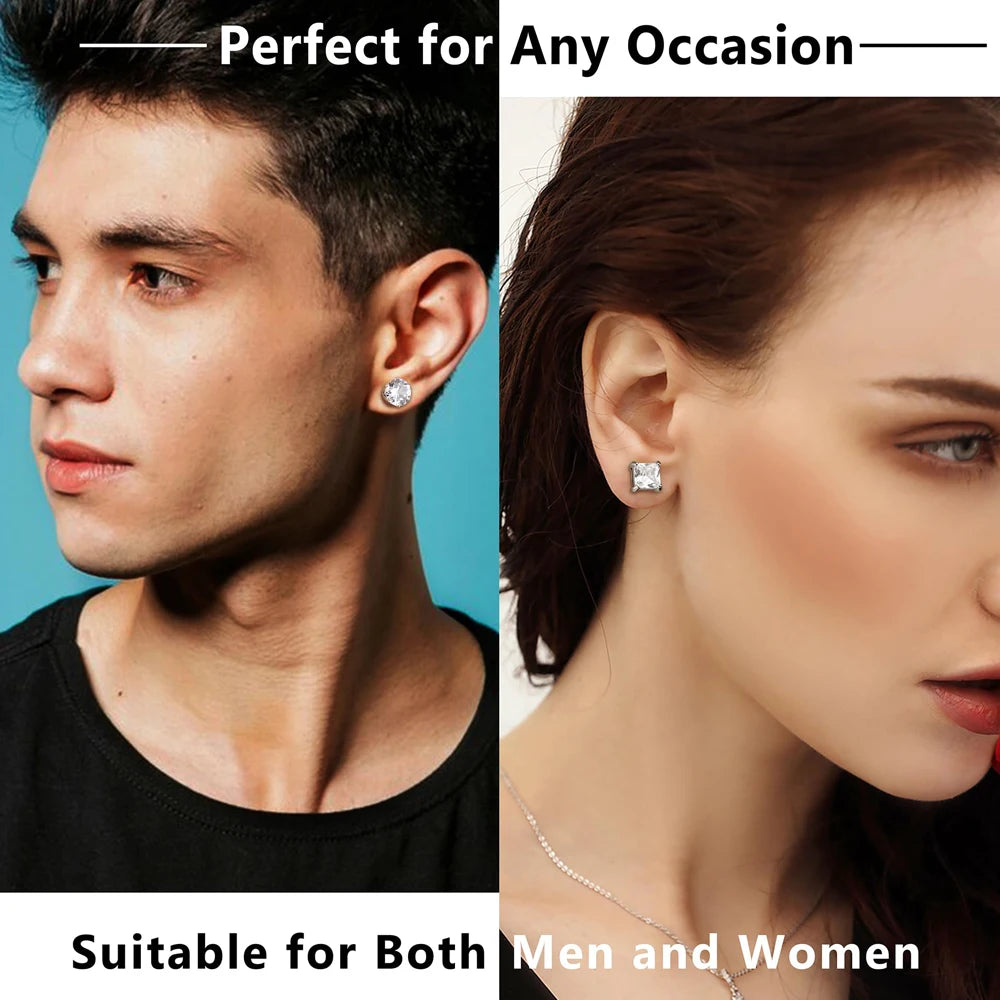 1-2 Pairs Hypoallergenic 316L Stainless Steel Square Round CZ Stud Earrings Sensitive Ear Studs Jewelry Set for Men Women 3-8MM
