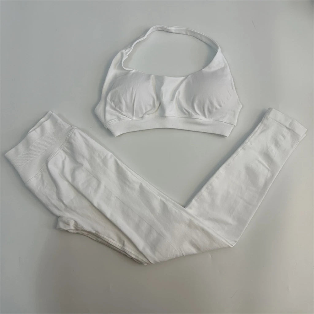 Ladies seamless yoga suit; two-piece fitness leggings; hip-lifting yoga pants set; gym sport suit; backless sports bra with