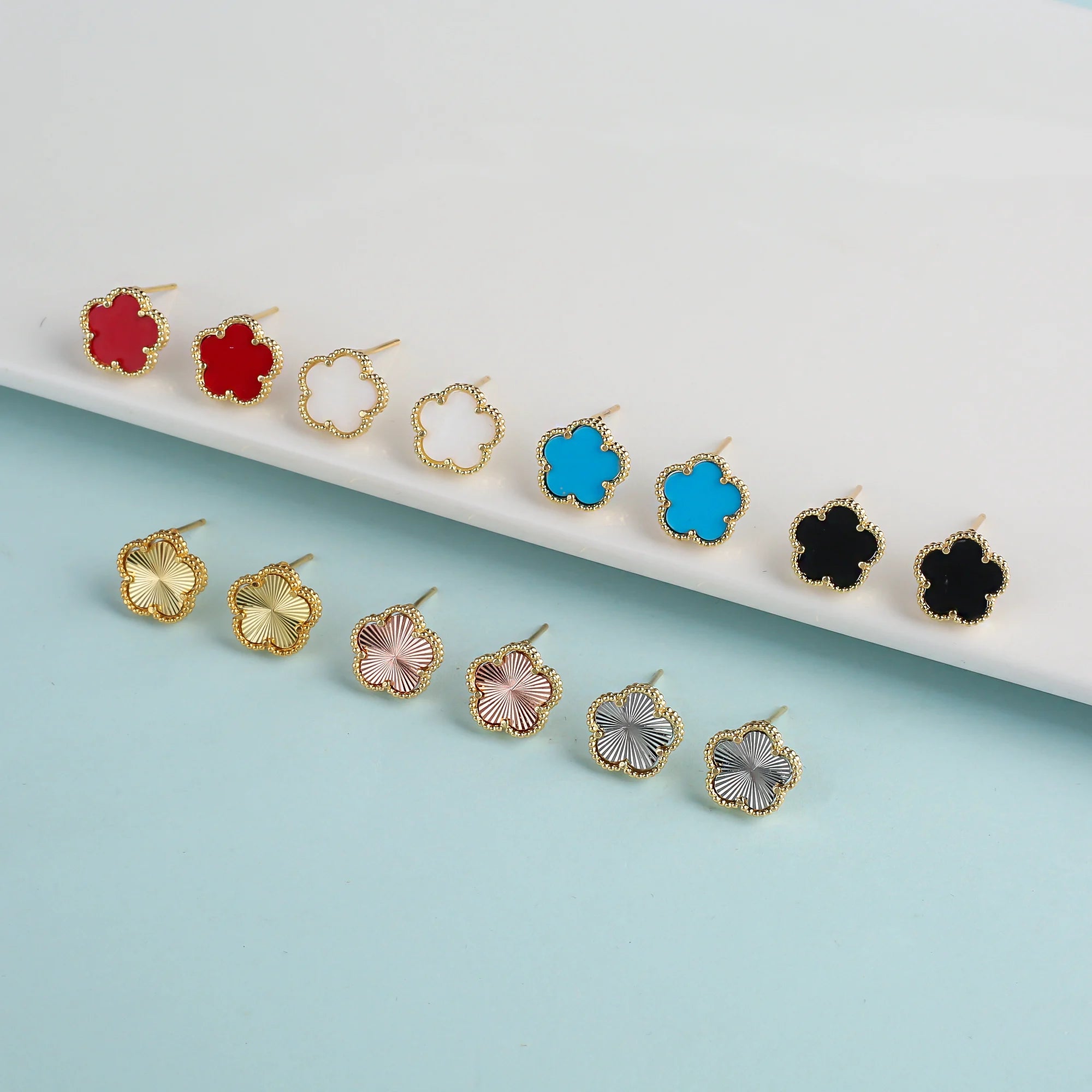 18K Gold Plated High Quality Simple Plant Five Leaf Flower Natural Stone Metal Pendant Necklace Earring Set Women's Clover