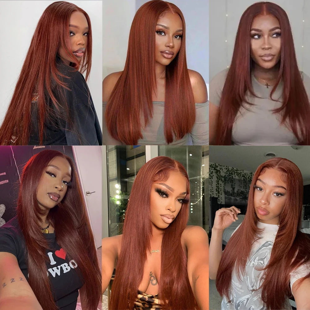 Copper Red Layered Cut Lace Front Wigs Reddish Brown Straight Lace Frontal Wig Layered Glueless Wigs Synthetic Butterfly Haircut