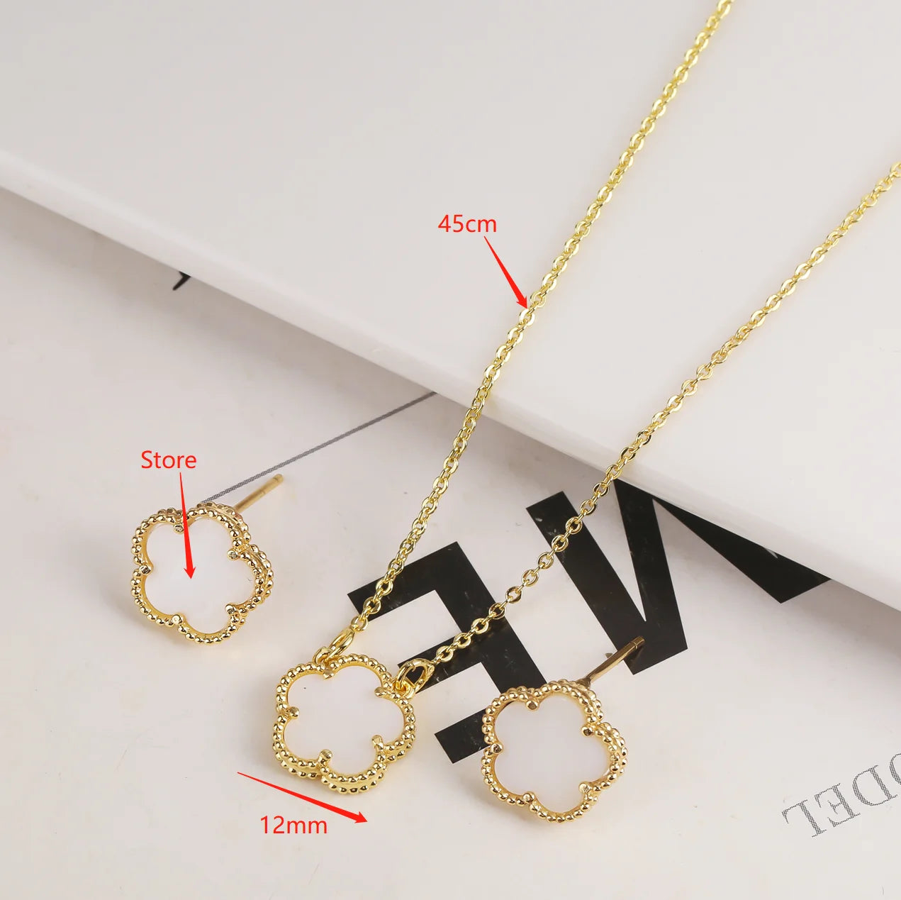 18K Gold Plated High Quality Simple Plant Five Leaf Flower Natural Stone Metal Pendant Necklace Earring Set Women's Clover