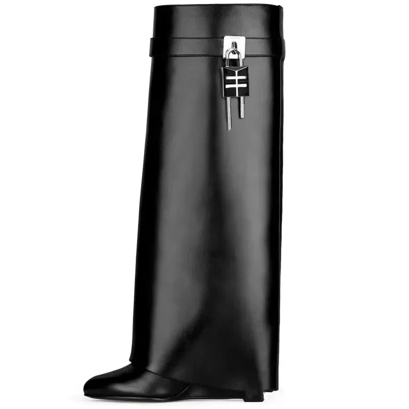 2025 Autumn Winter Lock Boots Women Designer Knee Boots Women Brand High Heel Knight Boots Fold Fashion Gothic Wedge Long Boot
