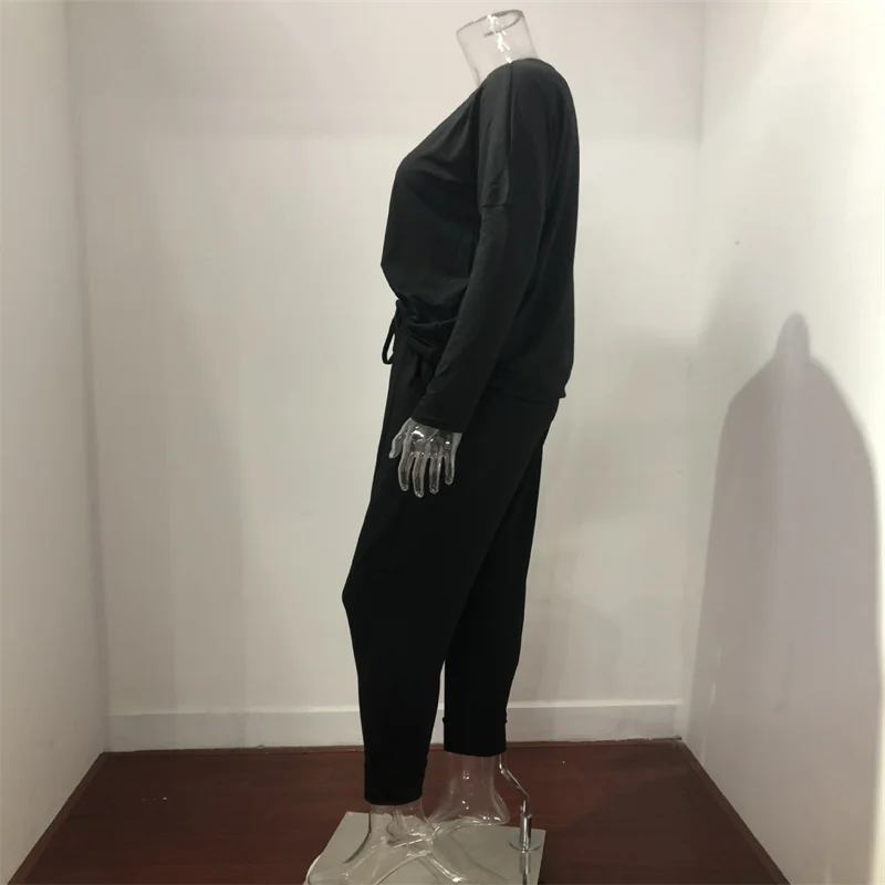 Hot Women's Long Sleeve Round Neck Top and Pants Set Simple Solid Colour Pajama Set Casual O Neck Two Piece Outfit