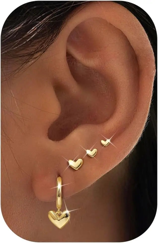 Bobisty 4 Pairs 14K Gold Plated Hoop Earrings for Women Charm Heart studs Earrings for Women Trendy Earring Stacks for Cartilage