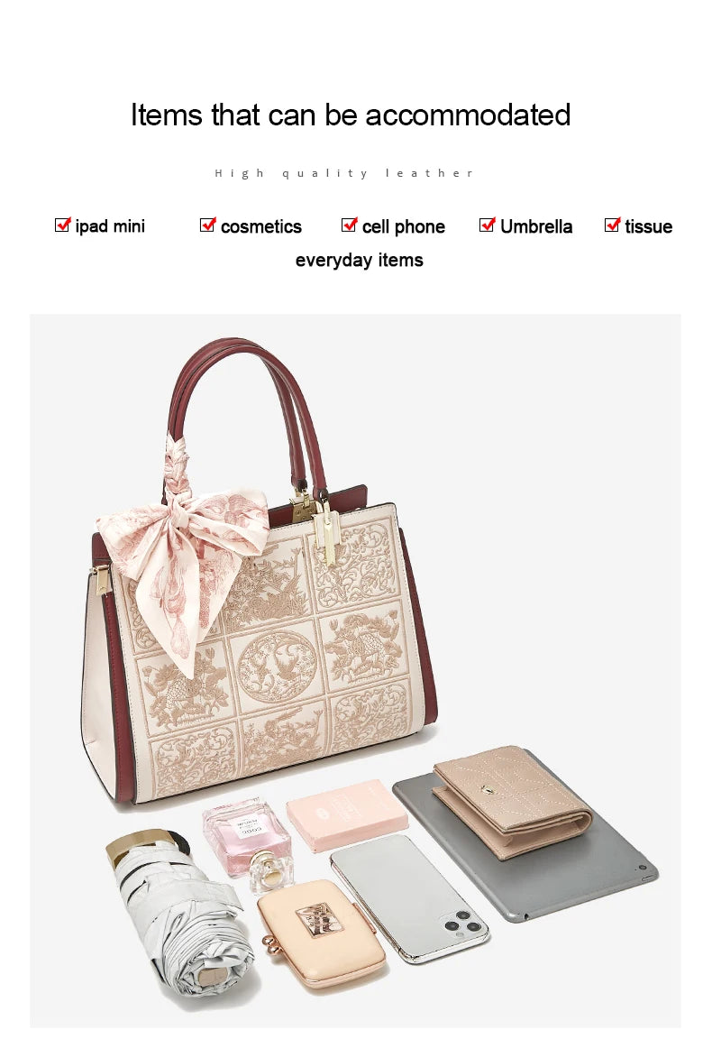 FOXER Split Leather 2025 Autumn Winter New Large Tote Handbag Women's Shoulder Bag Chinese Classic Embroidery Best Gift for Mom