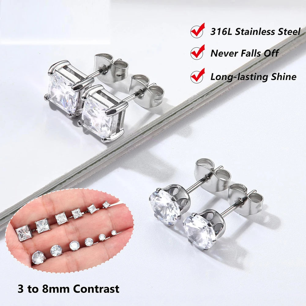 1-2 Pairs Hypoallergenic 316L Stainless Steel Square Round CZ Stud Earrings Sensitive Ear Studs Jewelry Set for Men Women 3-8MM