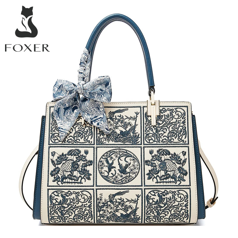 FOXER Split Leather 2025 Autumn Winter New Large Tote Handbag Women's Shoulder Bag Chinese Classic Embroidery Best Gift for Mom