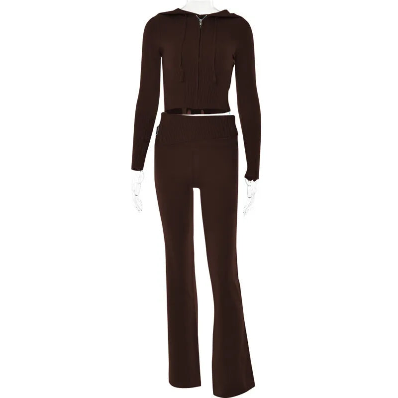 Apprabant Rib Knitted Two Piece Set Women Tracksuit Long Sleeve Zipper Hoodies Skinny Pants Sets Casual Solid Sweatshirt Suits