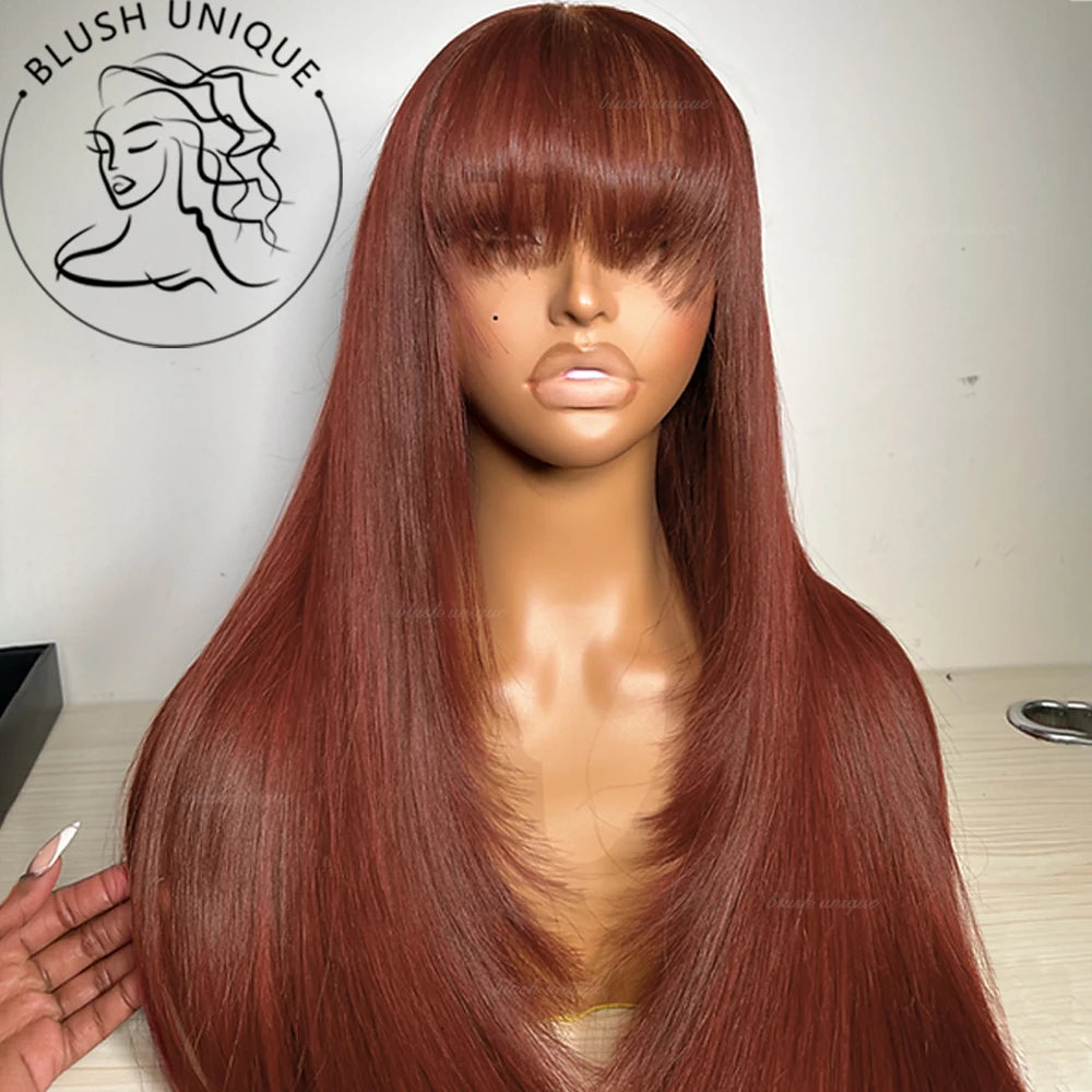 Straight Layered Cut Wigs with Bangs HD Lace Fake Scalp Synthetic Natural Layered Lace Wig For Women Glueless Heat Resistant Wig