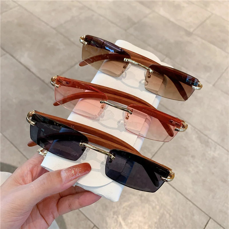 KAMMPT Rimless Sunglasses For Men Women Wooden Pattern Luxury Brand Retro Sun Glasses Fashion Shades UV400 Travel Outdoor
