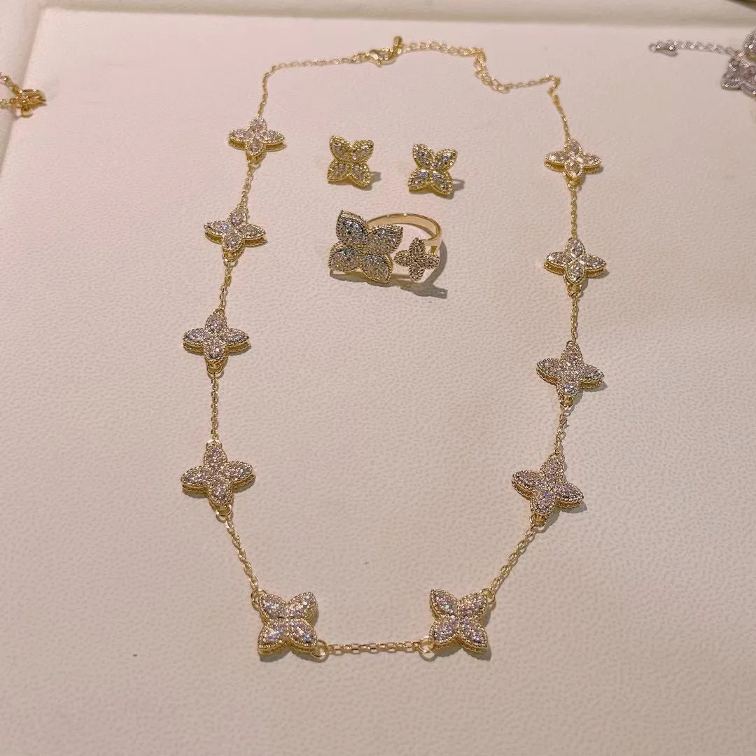 Luxury Flower Statement Necklace earring ring BraceletJewelry Set For Women Wedding Party Full Zircon Dubai Bridal jewelry N0555