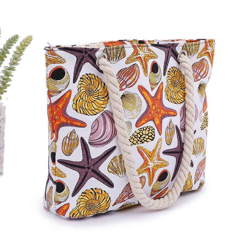 Canvas Handbag For Women Large Capacity Shells Conch Print Simple Shoulder Ocean Style Beach Tote Bag Portable 2021 New Dropship