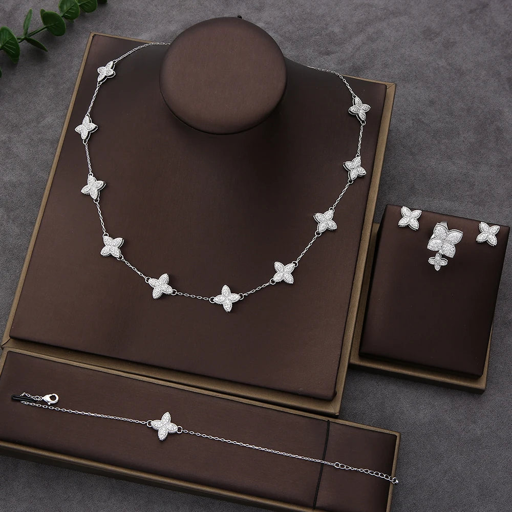 Luxury Flower Statement Necklace earring ring BraceletJewelry Set For Women Wedding Party Full Zircon Dubai Bridal jewelry N0555