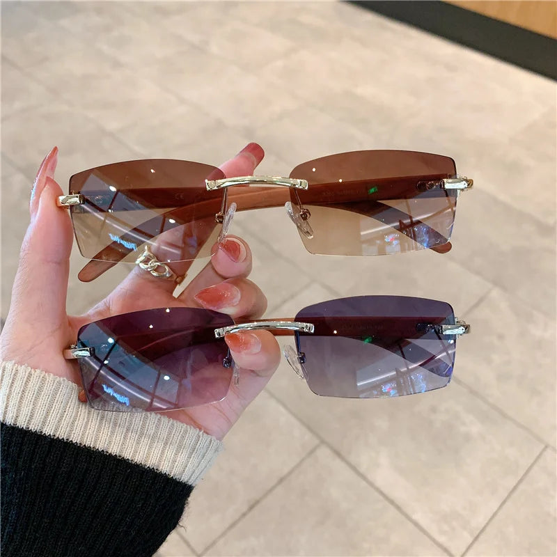 KAMMPT Rimless Sunglasses For Men Women Wooden Pattern Luxury Brand Retro Sun Glasses Fashion Shades UV400 Travel Outdoor