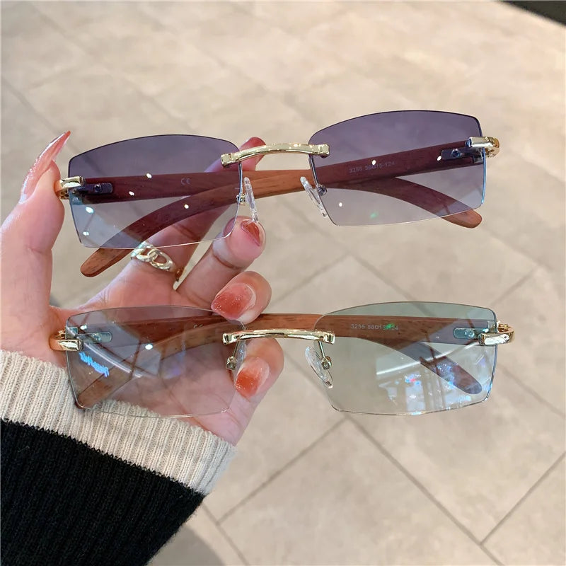 KAMMPT Rimless Sunglasses For Men Women Wooden Pattern Luxury Brand Retro Sun Glasses Fashion Shades UV400 Travel Outdoor