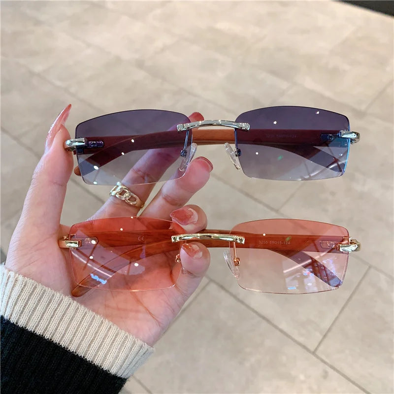 KAMMPT Rimless Sunglasses For Men Women Wooden Pattern Luxury Brand Retro Sun Glasses Fashion Shades UV400 Travel Outdoor