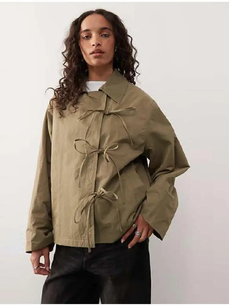Stylish Cool Jackets Bow Tie Loose Lapel Pocket Coat Casual Vintage Women's Chic Versatile Outerwears Autumn Female Clothing