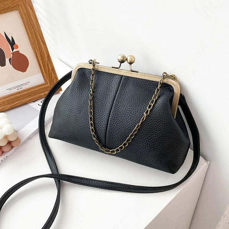 Vintage Soft Skin Shell Bag New Lychee Pattern Handbag Simple And Versatile Shoulder Bag Clip Chain Crossbody Women's Bag